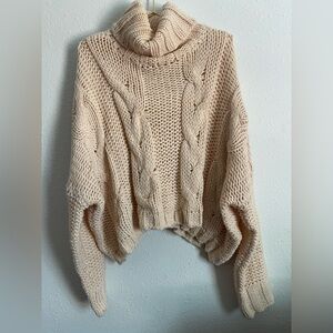 Elegant Beige Cable Knit Turtleneck Sweater